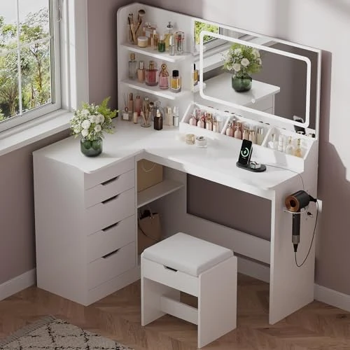 Offerta a tempo: JUMMICO Toeletta per Trucco con Specchio LED e Presa USB, Scrivania a L con Sgabello, Postazione Trucco con 5 Cassetti e Ripiani, Salvaspazio per Camera da Letto Tavolo (Bianco) - 0.0% da 225.80 € a 225.80 €