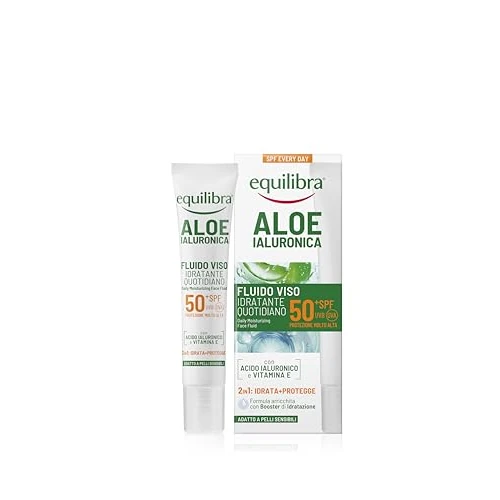 Offerta a tempo: Equilibra, Aloe Ialuronica Fluido Viso Quotidiano SPF 50+, con Acido Ialuronico, Vitamina E, Azione 2in1 Idrata e Protegge, Difende da Raggi UVA/UVB e Luce Blu, Adatto a Pelli Sensibili, 40ml - 37% da 10.90 € a 6.90 €