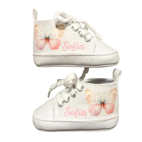 Offerta a tempo: Scarpine Neonato, Scarpette Personalizzate con Nome, Scarpe da Culla con Stampa (FARFALLA ROSA, 6-9 mesi) - 0.00% da 16.99 € a 16.99 €
