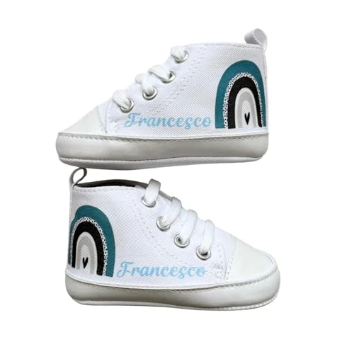 Offerta a tempo: Scarpine Neonato, Scarpette Personalizzate con Nome, Scarpe da Culla con Stampa (ARCOBALENO BLU, 3-6 mesi) - 0.00% da 16.99 € a 16.99 €
