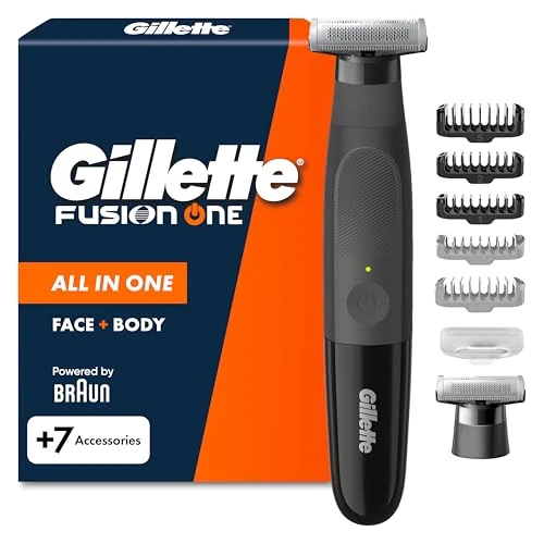 Offre limitée : Gillette Fusion One Rasoir électrique pour homme, barbe et corps, 3 peignes à barbe (1,2,5 mm) et 1 peigne pour corps, tête oscillante, lame de rechange, imperméable, sans fil, 45 min autonomie de 63.92 € à 63.92 € (0.00% de remise)