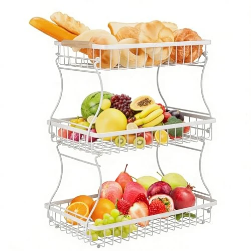 Offerta a tempo: VINATO Portafrutta a 3 Ripiani in Metallo – Fruttiera Moderna con Maniglie in Legno, per Cucina, Bagno & Altro – Ideale per Frutta, Verdura & Organizzazione - 0.00% da 32.99 € a 32.99 €