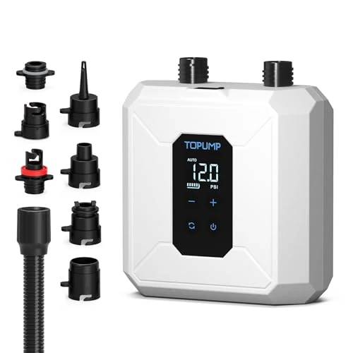 Offerta a tempo: TOPUMP Pompa elettrica D28PRO, 20 PSI ricaricabile, senza fili, intelligente, a doppio stadio, gonfiaggio e sgonfiaggio, spegnimento automatico, leggera, con 7 ugelli per kayak, tende, barche - 0.00% da 99.99 € a 99.99 €
