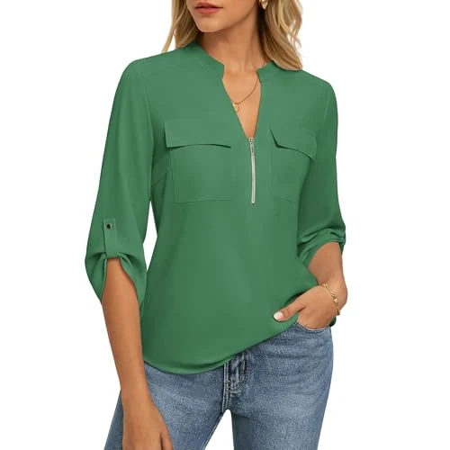 Zeitlich begrenztes Angebot: GRACE KARIN Damen Elegante Bluse 3/4 Ärmel V-Ausschnitt Tops Arbeit Oberteile mit Reißverschluss Taschen Grün S von 10.99 € auf 10.99 € (0.00% Rabatt)