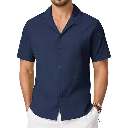 Oferta limitada: Cavva Camisas de Manga Corta para Hombre, Guayabera Cubana, Casual, con Botones, Transpirables, para Verano, Playa, Azul Marino, M de 38.98 € a 14.98 € (ahorro 61.57%)