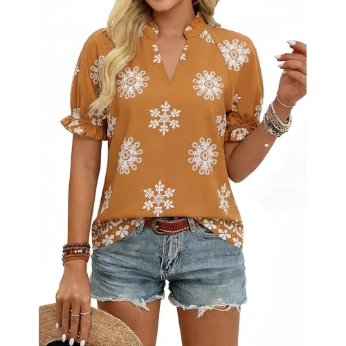 Offerta a tempo: GRACE KARIN Camicetta estiva da donna con motivo floreale Henley con scollo a V, camicetta casual a tunica per vacanze e feste, Marrone-floreale, M - 40% da 19.99 € a 11.99 €