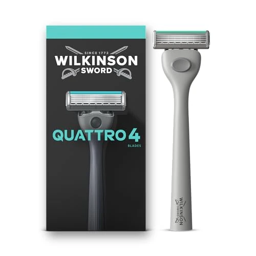 Offerta a tempo: Wilkinson Sword Quattro, rasoio uomo, manico, 1 lama di ricarica | Rasoio da uomo con 4 lame rivestite in diamante, griglia protettiva per ridurre le irritazioni, impugnatura ergonomica - 37% da 10.90 € a 6.90 €