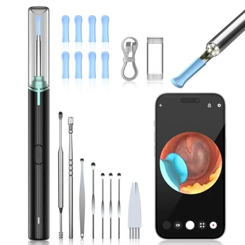 AZHE Ohrreinigungs-Otoskop, 1920P-HD-Ohrreiniger mit WLAN-Verbindung, 6 LEDs, IP67 wasserdicht, kompatibel mit iPhone/iPad/Android (Schwarz)