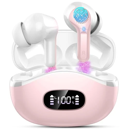 Ordtop Bluetooth Headphones, Bluetooth 5.3 Earphones with 4 HD ENC Noise Cancelling Mics, 40 Hours HiFi Stereo Bluetooth Headphones with LED USB-C Display, IP7 Waterproof Wireless Headphones for