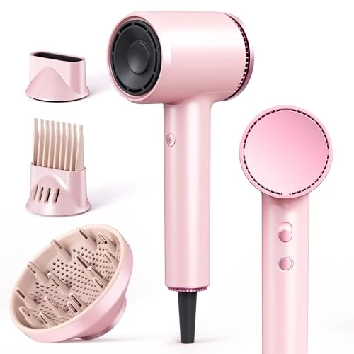Offerta a tempo: Asciugacapelli Phon Capelli con Diffusore, Phon Ionico 1600W ad Alta Velocità, 110.000 giri/min, 2 Velocità, 4 Temperature, Phon da Viaggio Leggero Silenzioso per Donna, Rosa - 23% da 59.99 € a 46.02 €