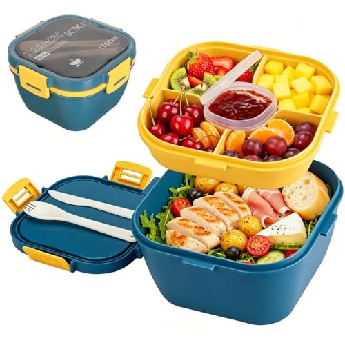 Tijdelijke aanbieding: VINATO Salad to Go Lunchbox, 1700 ml, met vakken en bestek, BPA-vrij, magnetronbestendig, sladoos voor volwassenen en kinderen, voor werk, school, picknick, blauw van 15.38 € naar 15.38 € (0.00% korting)