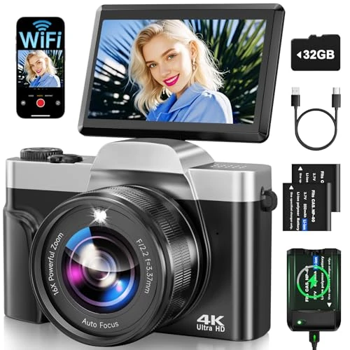 Digitale camera met wifi, 4K 64 MP autofocus vlogcamera voor YouTube met SD-kaart 3 inch 180° flip-scherm 16x digitale zoom anti-shake oplaadstation, 2 * batterijen voor tieners, beginners en