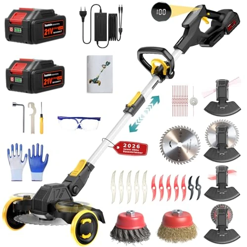 Offerta a tempo: Decespugliatore a Batteria, Tagliaerba a Batteria 21V, 4 tipi di lame Decespugliatore con Spazzola per Erbacce, 2 Batterie da 2,0Ah, Motore senza Spazzole da 900W per Prato, Giardino, Cortile (Nero) - 17% da 159.99 € a 132.99 €