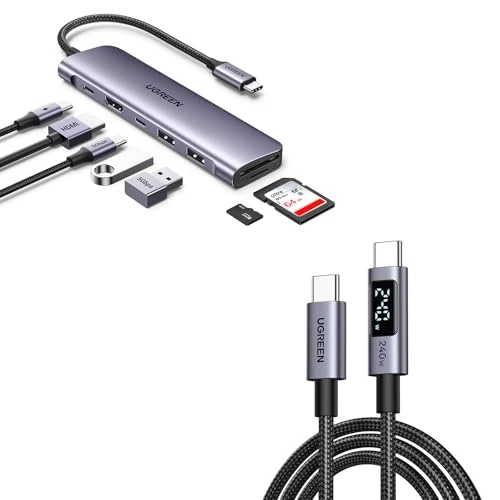 UGREEN Revodok 1071 Hub USB C HDMI 4K Adaptador Tipo C Lector Tarjeta SD TF PD 100W con UGREEN Cable USB C PD3.1 240W, Tipo C Carga Rápida con Pantalla LED