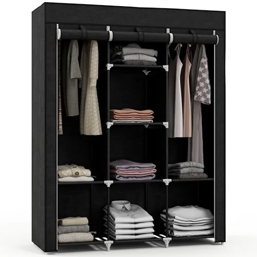 HOMCOM Armoire en tissu avec base surélevée, 8 étagères et 2 barres, armoire de rangement peu encombrante en tissu non tissé, PP et acier, pour chambre à coucher, 125 x 43 x 162,5 cm, noir