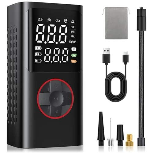 Onherm Compressore Aria Portatile, Pompa Bicicletta Elettrica 10.3 Bar/150PSI con Tutte Le Valvole, 5 Modalità, Mini Compressore Portatile con Luce LED per Auto, Bici, Moto, Scooter, Pallone