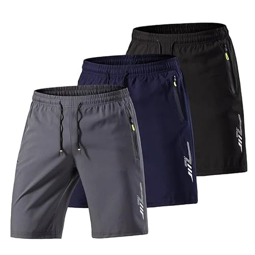 Offerta a tempo: 3 paia di pantaloncini atletici da uomo, pantaloncini da palestra ad asciugatura rapida e leggeri con tasche con cerniera, traspiranti in Ice Silk, L - 0.00% da 16.65 € a 16.65 €