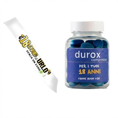 DFPRIME Kit Regalo 18 Anni Ragazzo – Fascia Compleanno 18 Anni + DUROX Compresse Blu | Gadget Divertenti per Festa, Sorprese e Regalo Maschio Originale