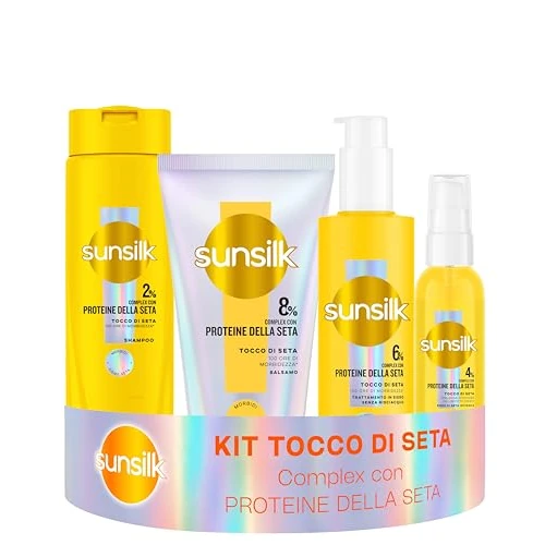 Offerta a tempo: Sunsilk Kit Tocco di Seta Shampoo 250ml, Balsamo 180ml, Siero Senza Risciacquo 200ml e Siero di Seta Invisibile 75ml, Set Cura Capelli Morbidi e Setosi, con Proteine della Seta 100h di Morbidezza* - 33% da 19.50 € a 12.97 €