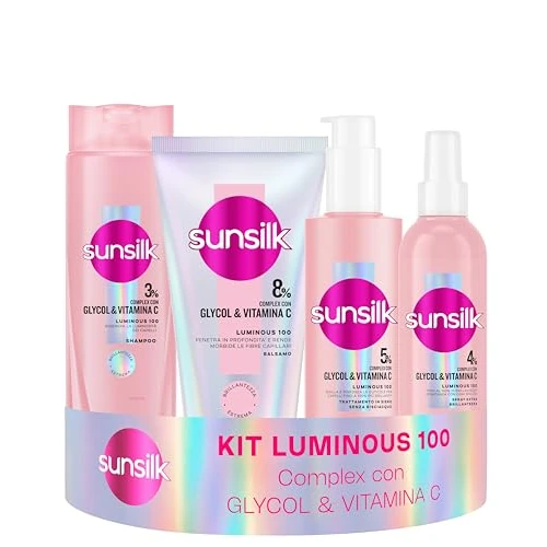 Offerta a tempo: Sunsilk Kit Luminous 100 Shampoo 250ml, Balsamo 180ml, Siero Capelli 200ml e Spray Extra Brillantezza 200ml, Set Cura Capelli Luminosi, Effetto Specchio con Glycol e Vitamina C - 33% da 19.50 € a 12.97 €