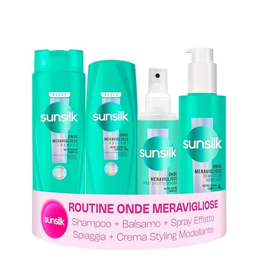 Offerta a tempo: Sunsilk Kit Onde Meravigliose Shampoo 250ml, Balsamo 200ml, Crema Styling 200ml e Sea Salt Spray 150ml, Set Capelli Mossi, Effetto Anticrespo, Onde Morbide, Definite e Naturali - 34% da 17.99 € a 11.96 €