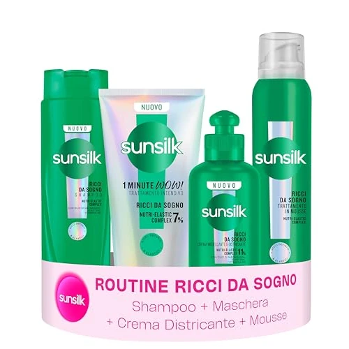 Sunsilk Kit Ricci da Sogno Shampoo 250ml, Maschera 1 Minute WOW 180ml, Crema Districante 200ml e Mousse 200ml, Trattamento Anticrespo per Capelli Ricci Definiti, Elastici e Morbidi a Lunga Tenuta