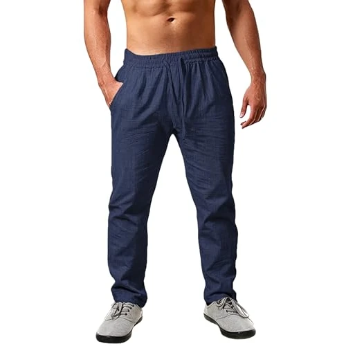 Oferta limitada: Cegerne Pantalones de Lino Hombre Verano Largos Ligeros y Transpirables, Corte Holgado, Cintura Elástica con Cordón Ajustable – Ideales para Vacaciones, Playa y Uso Diario, Azul Marino, XL de 26.99 € a 24.36 € (ahorro 9.74%)