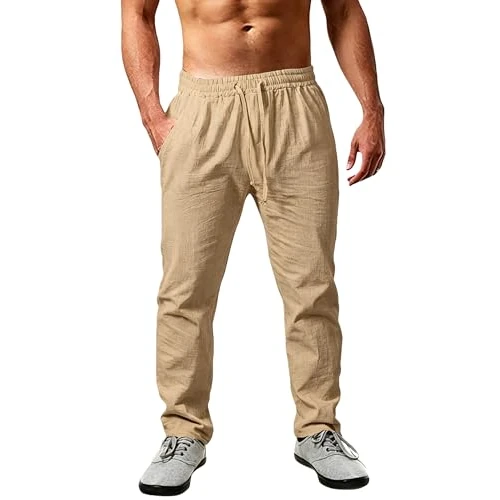 Offerta a tempo: Cegerne Pantaloni in Lino Estivi Uomo Leggeri e Traspiranti, vestibilità Larga, Vita Elastica con Coulisse, Tinta Unita – Ideali per Estate, Vacanze e Spiaggia, Cammello, L - 5% da 26.99 € a 25.64 €