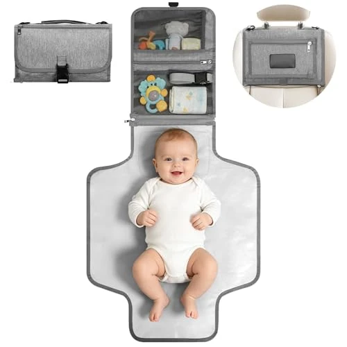 Oferta limitada: VINATO Cambiador Bebé Portátil, Cambiador Bebe Plegablee con Bolsillo Toallitas Húmedas, 70 x 56 cm, con 5 Bolsillos, Diseño Desmontable, Impermeable y Lavable para Viajes (Gris) de 17.99 € a 15.99 € (ahorro 11%)