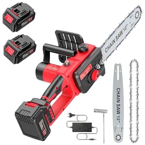 Bezszczotkowa piła łańcuchowa z akumulatorem 3000 mAh x 2, akumulatorowa piła łańcuchowa 12", elektryczna piła łańcuchowa jednoręczna z automatycznym olejarką, do sekatorów, cięcia drewna