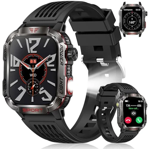 INMUA Męski smartwatch 2,01 cala z połączeniami Bluetooth, 100 trybów sportowych, wodoodporny zegarek IP68 dla mężczyzn, Smartwatch z monitorem uśpienia/tętna, dla iOS Android, 2 paski (czarny)