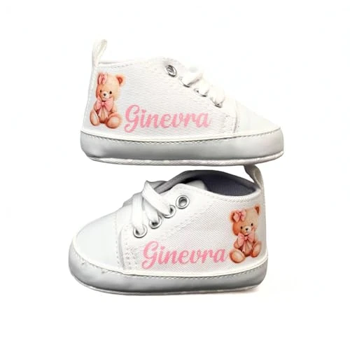 Scarpine Neonato, Scarpette Personalizzate con Nome, Scarpe da Culla con Stampa (ORSETTO FIOCCO ROSA, 0-3 mesi)