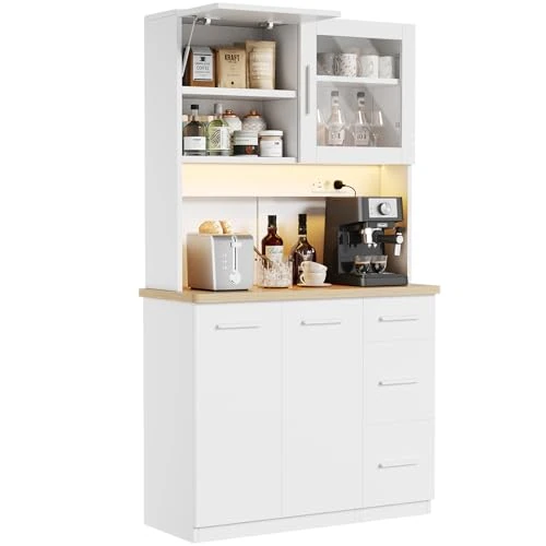 Offerta a tempo: Devoko Mobile da cucina, credenza, armadio alto con prese di corrente e strisce LED 3000 K, con piano di lavoro da 24 mm, ripiani regolabili, 3 cassetti, 100 x 40 x 182 cm (Bianco) - 0.00% da 249.00 € a 249.00 €
