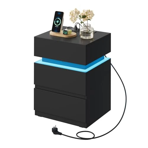 WOLTU Stolik nocny z funkcją ładowania, z 25 kolorowymi lampkami LED, 2 szuflady, 1 komora, druciana półka, stolik nocny w kolorze czarnym, 40x55x35 cm,NTS23sz
