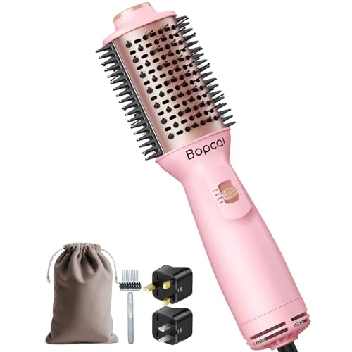 Bopcal Mini Brosse Soufflante de Viaggio 4 in 1 - Ionique Spazzola Brosse Chauffante à Double Tension Automatique, Brosse Seche Cheveux avec Fiches US et UK, pour Séchage, Lissage, Bouclage et Volume