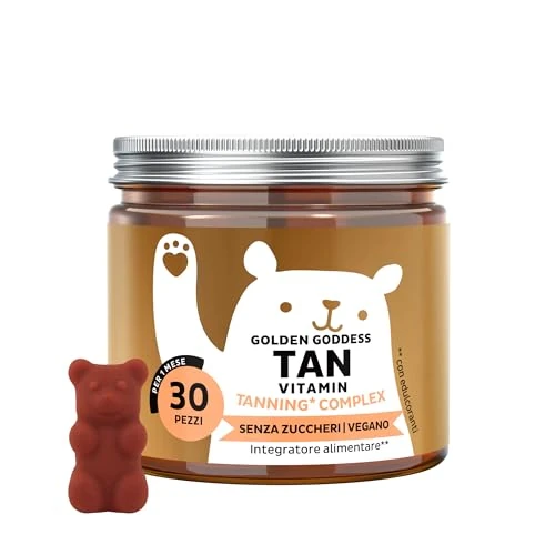 Offerta a tempo: Golden Goddess Tan Vitamin Caramelle Gommose - Complesso Abbronzante - Vitamina C, E, D, Betacarotene e Rame - 30 pezzi (1 mese) - Senza Zucchero, Vegano - Bears with Benefits - 30% da 19.90 € a 13.99 €