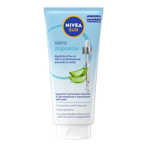 Offerta a tempo: NIVEA SUN Siero Doposole 100 ml, Siero dopo sole idratante e rigenerante per viso e corpo, Aftersun con Aloe Vera Bio, Vitamina E e Acido Ialuronico, Assorbimento rapido, Senza profumo - 38% da 8.99 € a 5.56 €