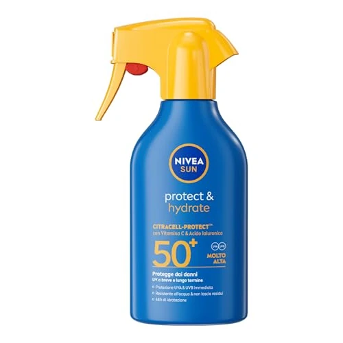 Offerta a tempo: NIVEA SUN Protect & Hydrate Spray Solare SPF 50+ 250 ml, Crema solare 50 spray idratante 48h ad assorbimento rapido, Protezione solare 50+ resistente all'acqua con Vitamina C e Acido Ialuronico - 37% da 17.99 € a 11.38 €