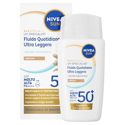 Offerta a tempo: NIVEA SUN Fluido Quotidiano Ultra Leggero SPF 50+ Medium 40 ml, Crema solare viso idratante con Acido Ialuronico, Crema colorata viso per una coprenza duratura, Protezione solare ultra leggera - 30% da 12.99 € a 9.09 €