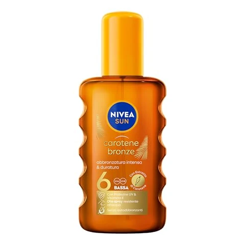 Offerta a tempo: NIVEA SUN Carotene Bronze Olio Solare Abbronzante SPF 6 200 ml, Olio abbronzante con protezione solare, Spray solare con Estratto di Carotene e Vitamina E, Resistente all'acqua, Senza autoabbronzanti - 30% da 11.99 € a 8.39 €