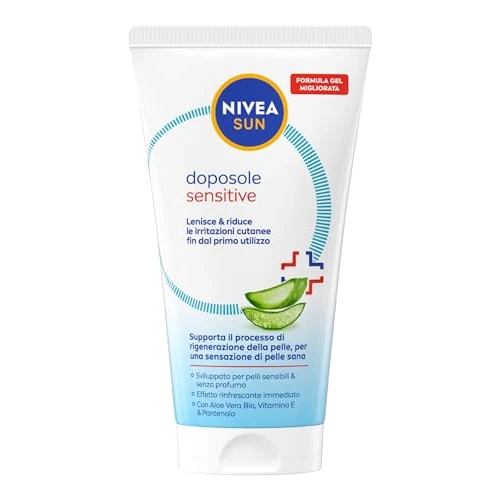 Offerta a tempo: NIVEA SUN Doposole Sensitive 150 ml, Dopo sole in gel idratante, lenitivo e rinfrescante, Aftersun con Aloe Vera Bio, Vitamina E e Pantenolo, Assorbimento rapido, Senza profumo, Per pelli sensibili - 34% da 10.99 € a 7.23 €