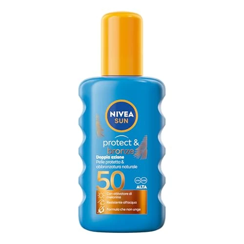 Offerta a tempo: NIVEA SUN Spray Protect & Bronze SPF 50 200 ml, Crema solare 50 spray abbronzante corpo, Protezione solare 50 con attivatore di Melanina acceleratore abbronzatura, Resistente all'acqua, Non unge - 38% da 16.99 € a 10.53 €