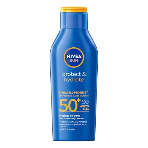 Offerta a tempo: NIVEA SUN Protect & Hydrate SPF 50+ 400 ml, Crema solare 50+ idratante 48h ad assorbimento rapido, Protezione solare 50+ resistente all'acqua arricchita con Vitamina C e Acido Ialuronico - 39% da 24.99 € a 15.18 €