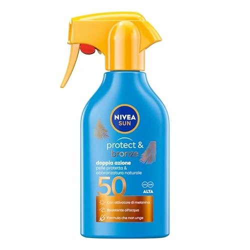Offerta a tempo: NIVEA SUN Spray Protect & Bronze SPF 50 250 ml, Crema solare 50 spray abbronzante corpo, Protezione solare 50 con attivatore di Melanina acceleratore abbronzatura, Resistente all'acqua, Non unge - 36% da 17.99 € a 11.60 €