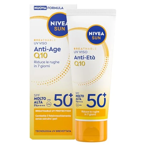 Offerta a tempo: NIVEA SUN Anti-Age Q10 SPF 50+ 40 ml, Crema solare viso antirughe contro il fotoinvecchiamento, Crema viso SPF 50+ con Collagene e Coenzima Q10, Protezione solare ultra leggera, Non comedogena - 42% da 12.99 € a 7.59 €