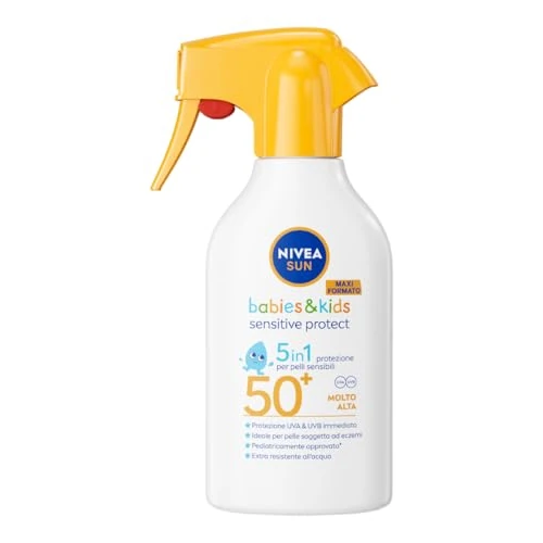 Offerta a tempo: NIVEA SUN Kids Sensitive Protect & Play SPF 50+ 250 ml, Crema solare spray 50+ bambini e neonati dai 6 mesi in su, Crema solare bambini resistente all'acqua, Protezione per pelle sensibili e delicate - 49% da 18.99 € a 9.64 €