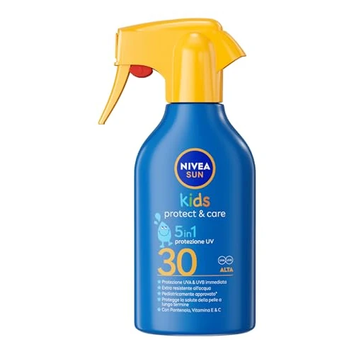 Offerta a tempo: NIVEA SUN Kids Spray Protect & Care SPF 30 250 ml, Crema solare 30 bambini 3+ anni, Protezione solare 30 bambini spray extra resistente all'acqua e al sudore con Pantenolo, Vitamina C & E - 34% da 17.49 € a 11.51 €