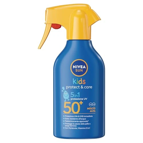 Offerta a tempo: NIVEA SUN Kids Spray Protect & Care SPF 50+ 250 ml, Crema solare 50 bambini 3+ anni, Protezione solare 50 bambini spray extra resistente all'acqua e al sudore con Pantenolo, Vitamina C & E - 36% da 17.99 € a 11.59 €