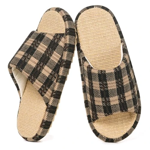 Zeitlich begrenztes Angebot: Dokela Hausschuhe Damen Bequem Pantoffeln Innen Slipper Leinen Kariert Hausschuhe Atmungsaktiv Rutschfeste Pantoletten,Braun,40/41 EU/Etikett 41-42 von 19.90 € auf 9.99 € (49.8% Rabatt)