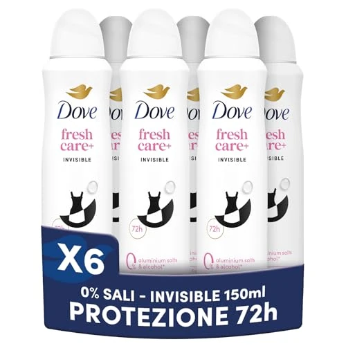Offerta a tempo: Dove Deodorante Spray Fresh+ Care 0% Sali Invisible, Deodorante 72 Ore Protezione Sudore e Odori, Anti Macchie sui Vestiti, con Zinco Antibatterico, 0% Sali di Alluminio, 6 pezzi da 150ml - 39% da 26.70 € a 16.33 €
